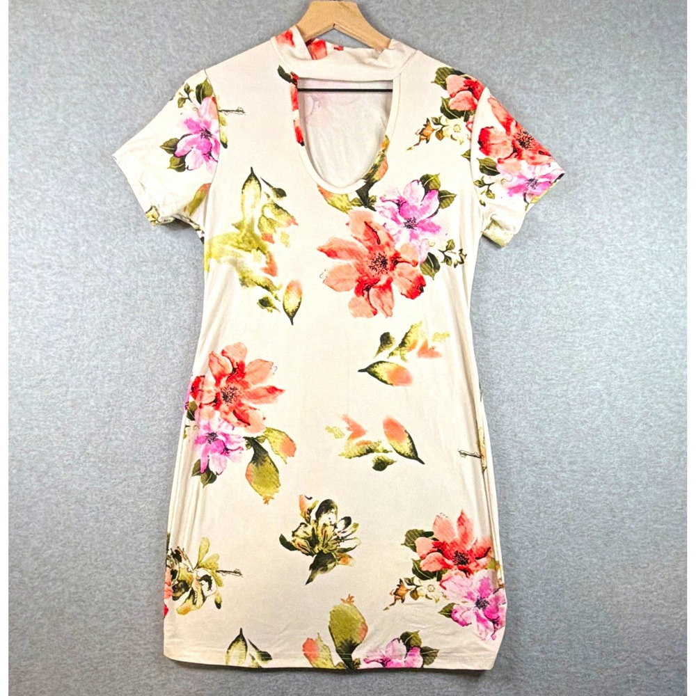 CLEO APPAREL Ivory Pink Green Floral Knit T-Shirt Dress Scoop Neck - Preowned